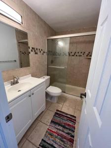 a bathroom with a sink and a toilet and a shower at Sapphire Dream in St Thomas