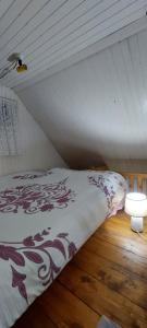 uma cama no sótão de um quarto com tecto em Ribarev san em Ovcar Banja