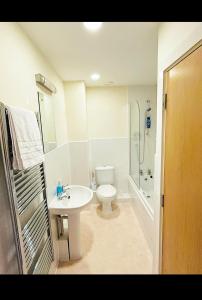 a bathroom with a toilet and a sink and a shower at 2 bedroom apartment city centre Birmingham in Birmingham