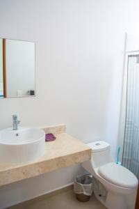 La salle de bains est pourvue d'un lavabo et de toilettes. dans l'établissement Paraíso Playa Bonita- Roof Top, à Playa del Carmen