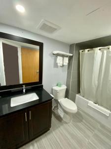 a bathroom with a toilet and a sink and a mirror at Kenora Motel in Windsor
