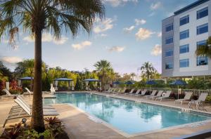 a swimming pool with chairs and a palm tree and a building at The Celeste Hotel, Orlando, a Tribute Portfolio Hotel in Orlando