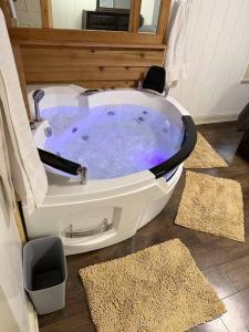 a bath tub in a bathroom with two rugs at Hot Tub 5 beds in Moorhead +14 photos
