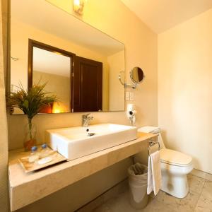 y baño con lavabo, espejo y aseo. en Quinta Roca Hotel, en Oaxaca City