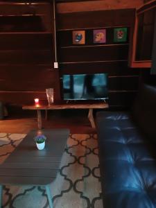 Chéel lodge & Camping في بويرتو موريلوس: غرفة معيشة مع طاولة وأريكة