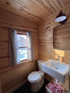 baño con aseo y lavamanos en una cabaña de madera en Kona Kona Resort & Cabins en Laporte