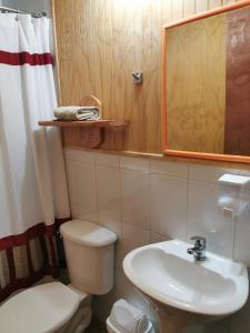 a bathroom with a toilet and a sink and a mirror at Cabañas Choshuenco in Choshuenco