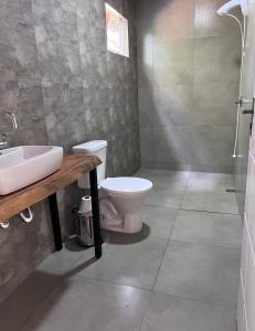 y baño con aseo, lavabo y ducha. en Sítio do Vô Pisco, en Camboriú