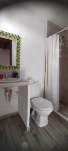 y baño con aseo, lavabo y ducha. en Hermosa casa en Villa de Leyva, en Villa de Leyva