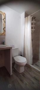 y baño con aseo blanco y ducha. en Hermosa casa en Villa de Leyva, en Villa de Leyva
