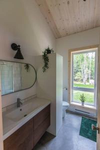 een badkamer met een bad, een toilet en een raam bij Le Boréal in Saint-Donat-de-Montcalm