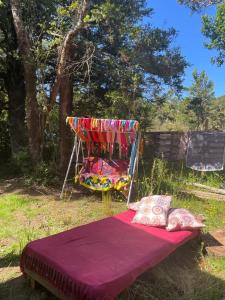 a bed sitting in the grass in a field at Cabaña del bosque con estero in Curiñanco