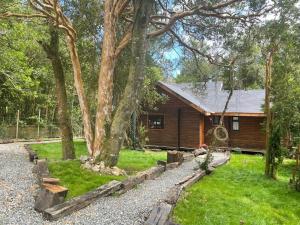 a log cabin in a yard with a tree at Cabaña del bosque con estero in Curiñanco