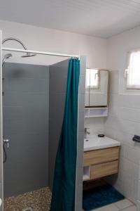 a bathroom with a shower with a blue shower curtain at La Villa Noémie - Parking - Proche des Plages in Sainte-Anne