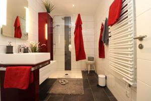 a bathroom with a sink and a shower with red towels at Residenz am Hafen Boddensuite in Ahrenshoop