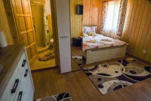 - une petite chambre avec un lit et une salle de bains dans l'établissement Cabana Anna Colibita, à Colibiţa
