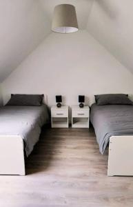 a bedroom with two beds and two night stands at Secluded Modern Guest House in Castletown Gheoghegan
