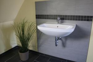 a white sink in a bathroom with a potted plant at Ferienwohnung Hof Margarethental 