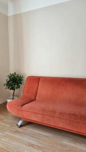 a red couch in a room with a potted plant at Senču apartamenti No.6 in Rīga