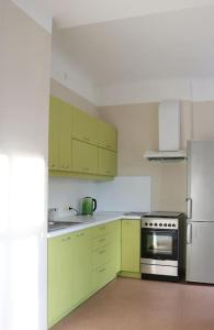 La cuisine est équipée d'armoires vertes, d'une cuisinière et d'un réfrigérateur. dans l'établissement Senču apartamenti No.6, à Riga