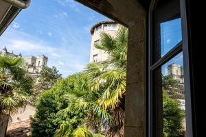 a window with a view of a building and a palm tree at Superbe appartement, situé au cœur de la ville. in Auch