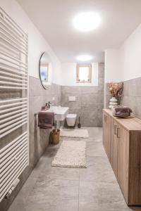 a bathroom with a sink and a toilet and a mirror at Pfitscherhof in Campo di Trens