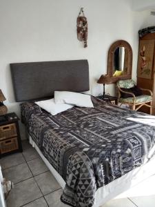 une chambre avec un lit, un miroir et une chaise dans l'établissement Jacobs Cottage by the Ocean, à Port Shepstone