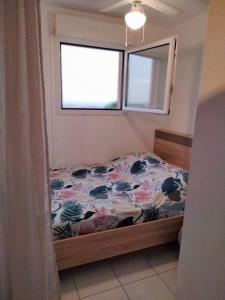 Schlafzimmer mit einem Bett und einem Fenster in der Unterkunft Beau Studio au calme avec coin nuit in Grasse