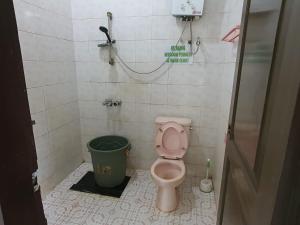 a bathroom with a pink toilet and a green trash can at Aubrey Villa Ciwidey in Pengalengan