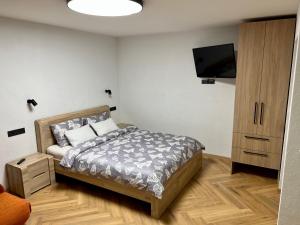 Apartamentai KOPOS Nidoje في نيدا: غرفة نوم بسرير وتلفزيون بشاشة مسطحة
