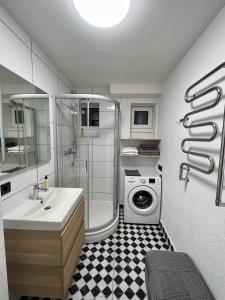 a bathroom with a sink and a washing machine at Apartamentai KOPOS Nidoje in Nida