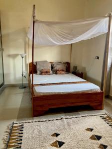 1 dormitorio con cama con dosel y alfombra en Porto-Novo logement lumineux et calme, en Porto Novo