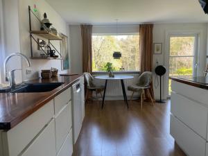 uma cozinha com um lavatório e uma mesa com cadeiras em Cozy Nature House em Svendborg