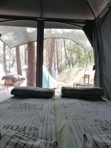 a bed in a tent in the woods at Ecoclub in Varna City