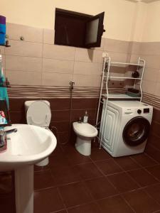 een badkamer met een wasmachine en een toilet bij Villa Ceni 3 in Elbasan