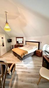 a bedroom with a large bed and a desk at Noclegi Zdrojewo in Nowe +19 photos