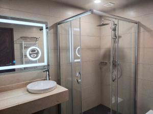 a bathroom with a glass shower and a sink at Dreamland Oasis in Chakvi