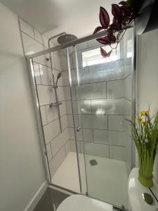 a glass shower in a bathroom with a toilet at Luxury One Bed Apartment Stevenage in Stevenage