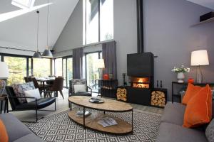 a living room with a couch and a fire place at LOCH TAY HIGHLAND LODGES and GLAMPING PARK in Morenish
