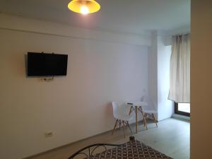 a living room with a flat screen tv on a wall at Palas Studios in Iaşi