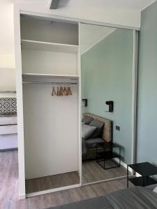 a mirrored closet in a bedroom with a bed at Studio Luxe + jardin et terrasse in Pontoise