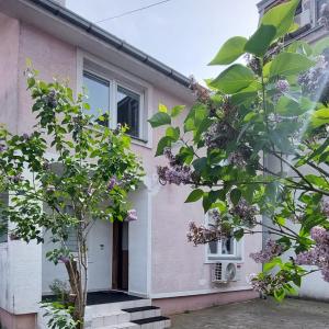 uma casa cor-de-rosa com árvores à frente. em Apartment Roosevelt em Belgrado