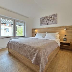 a bedroom with a large bed and two windows at Apartment Roosevelt in Belgrade