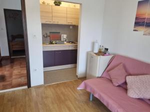 sala de estar con sofá rosa y cocina en Apartments Luči en Hvar