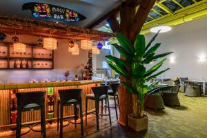 a bar in a restaurant with chairs and a plant at Nutzwedel Resort Farmers Lodge in Horst in Holstein +7 photos