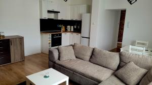 a living room with a couch and a kitchen at Przytulny Apartament w centrum miasta in Kętrzyn