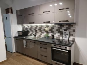 una cucina con piano cottura, lavandino e frigorifero di HOME Sweet HOME a Mytilini
