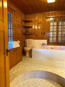 e bagno con vasca, servizi igienici e lavandino. di Chalet St-François a Ollon