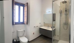 een badkamer met toilet, wastafel en douche bij Apartamento Moctezuma in Ronda +50 foto's
