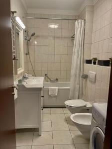 a bathroom with a sink and a toilet and a shower at Arcada Apartments in Odesa